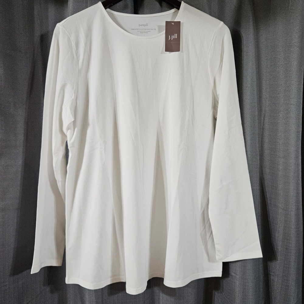 J. Jill Pure Jill White Pima Cotton Stretch Shirttail Tee Long Sleeve Large NEW